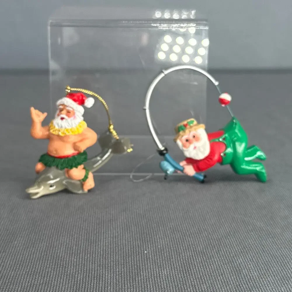 VTG 1991 Hallmark Quinn Surfing Dolphin & Fishing Santa Ornaments Lot 2 Kitschy